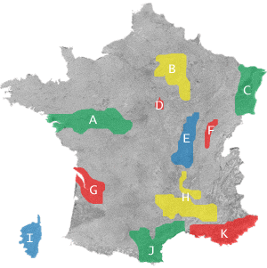 Kort over Frankrigs vinregioner